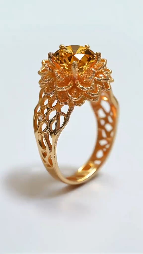 Luxurious Golden Ring with Citrine Centerpiece and Intricate Floral Design