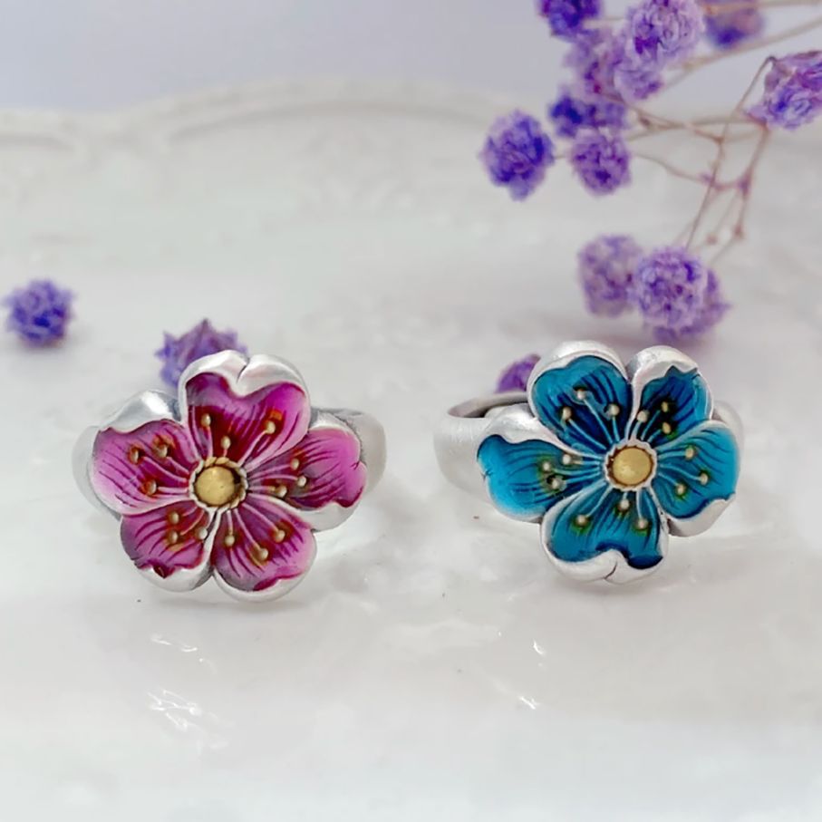 Burned Blue Plum Blossom Ring