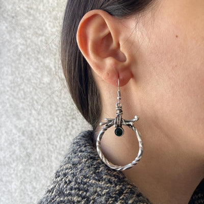Vintage Boho Gothic Silver Twisted Hoop Statement Earrings with Dark Green Zircon