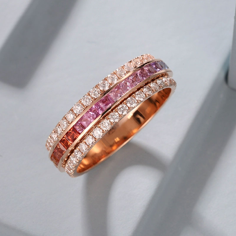 Handmade Classic Rainbow Turnable Ring in 14K Gold with Colored Zirconia