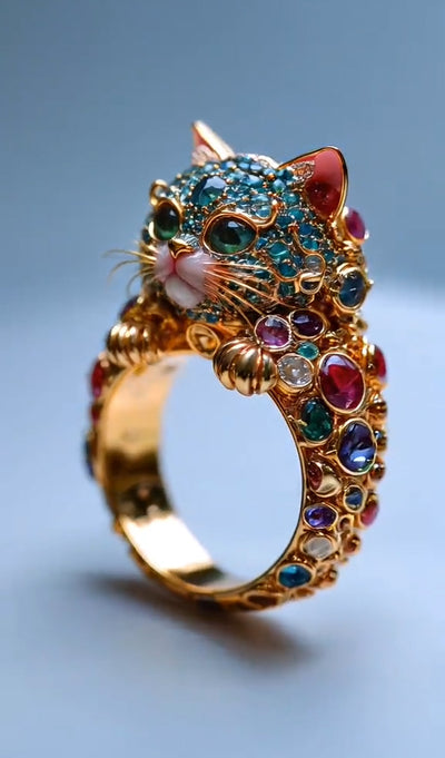 Exquisite Feline - Inspired Gemstone Ring: A Purr - fect Blend of Luxury and Whimsy