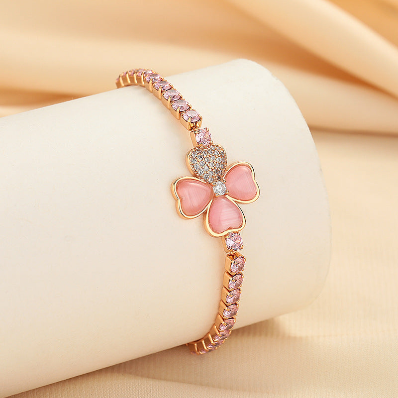 Cat's Eye Stone Clover Pink Diamond Bracelet