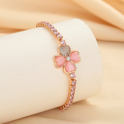Cat's Eye Stone Clover Pink Diamond Bracelet