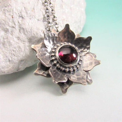 Sterling Silver Red Lotus Garnet Pendant Necklace