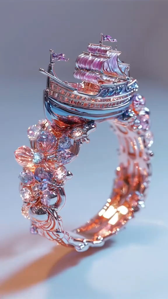 Exquisite Gem - Embellished Ship - Inspired Rose Gold Ring