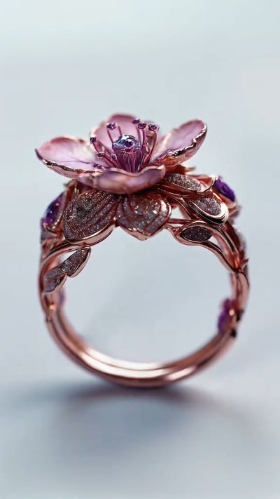 Exquisite Rose - Gold Ring with Amethyst - Embellished Flower Design