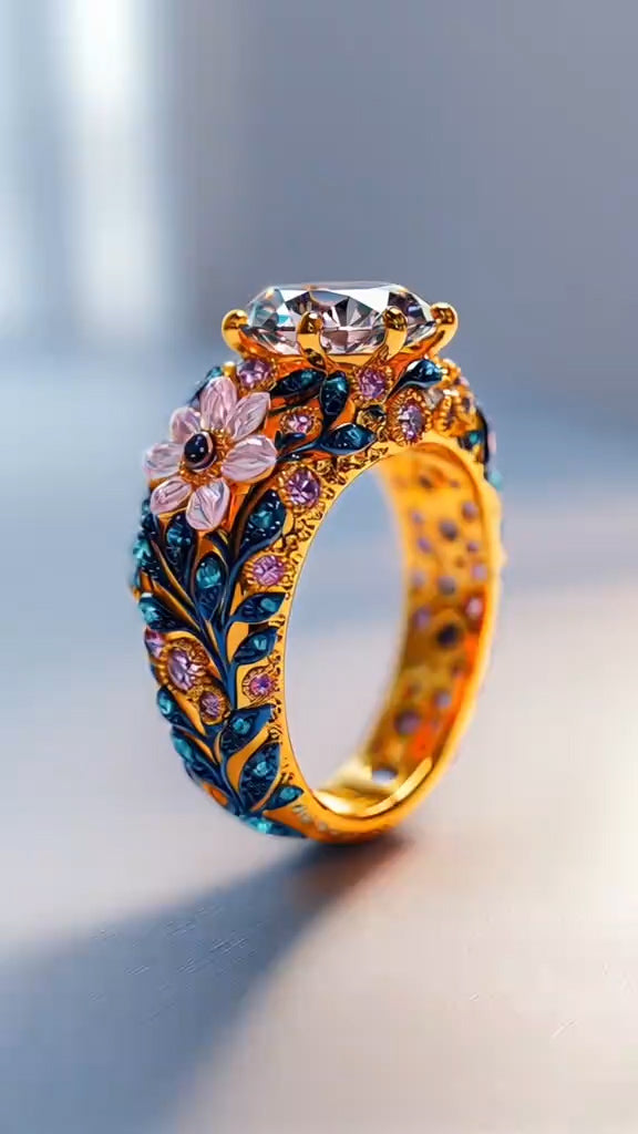 Gorgeous Gold - Plated Ring with Floral Enamel and Sparkling Gemstones