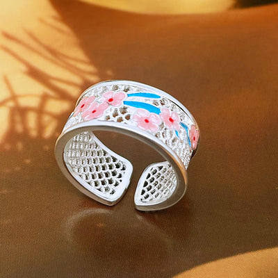 Enamel Hollow Plum Blossom Floral Ring
