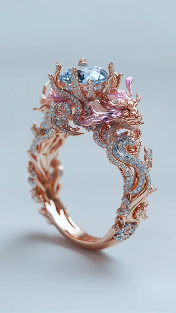 Exquisite Rose - Gold Dragon - themed Ring Embellished with Blue Gemstone and Diamonds