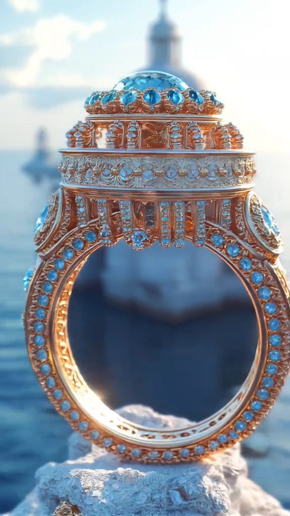 Magnificent Gold - Plated Ring with Elaborate Blue Gemstone Inlay, Inspired by Architectural