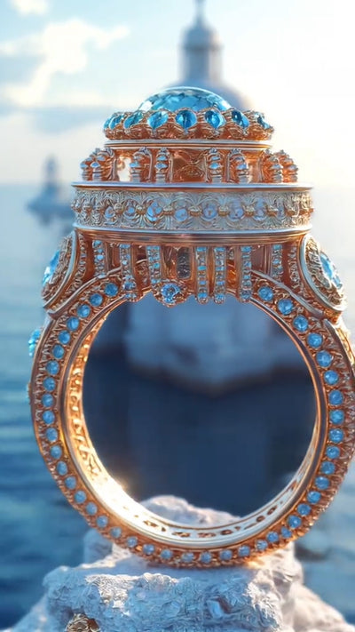 Magnificent Gold - Plated Ring with Elaborate Blue Gemstone Inlay, Inspired by Architectural