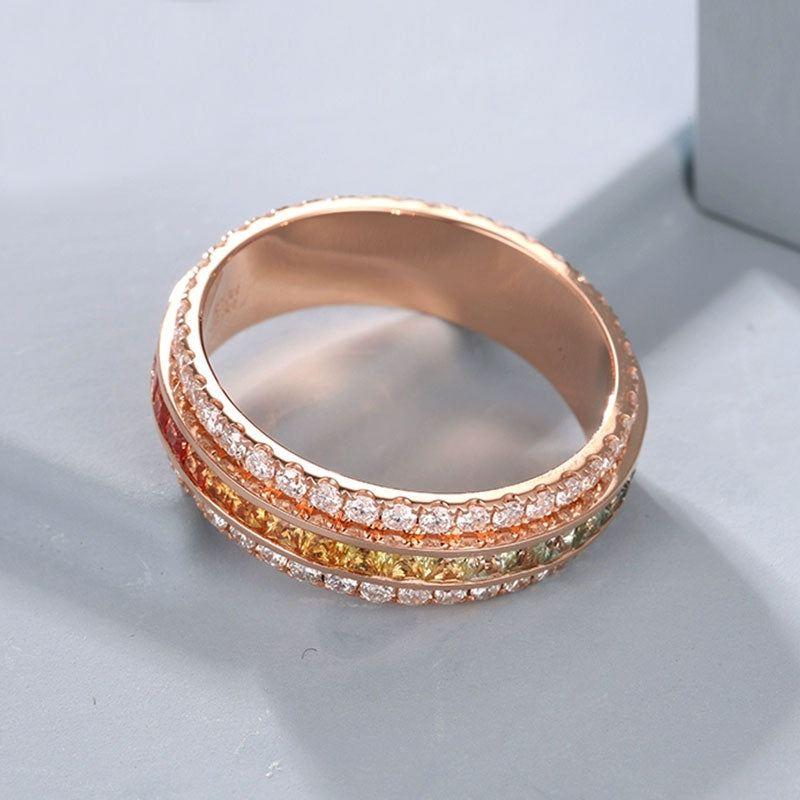 Handmade Classic Rainbow Turnable Ring in 14K Gold with Colored Zirconia