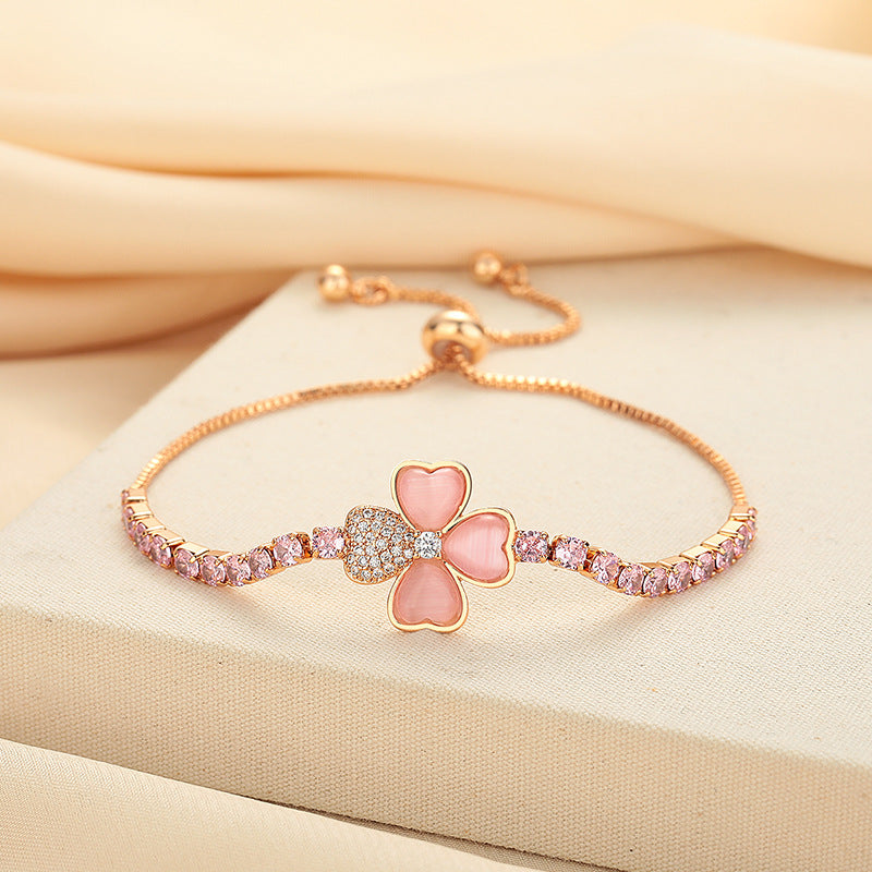 Cat's Eye Stone Clover Pink Diamond Bracelet