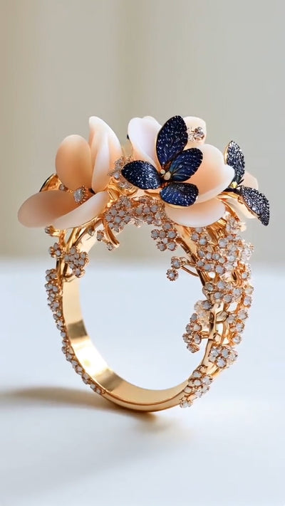 Gorgeous Gold - Plated Floral - Butterfly Bangle with Diamond Accents
