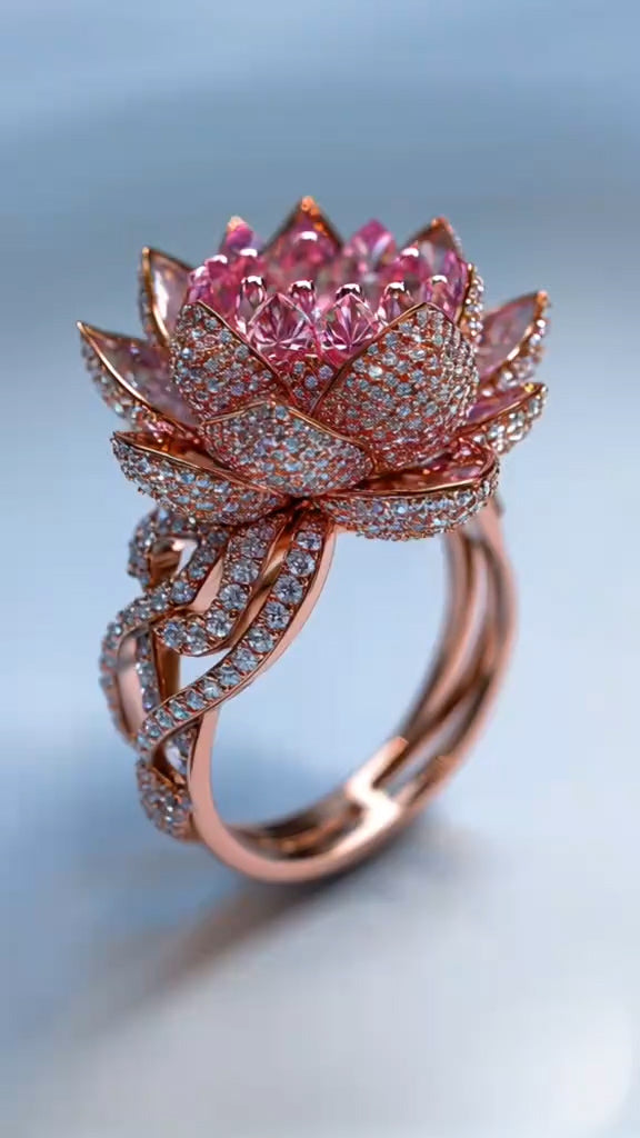 Glamorous 14K Rose Gold Ring with Exquisite Pink Lotus Design, Pink Sapphire Center and Diamond Embellishments
