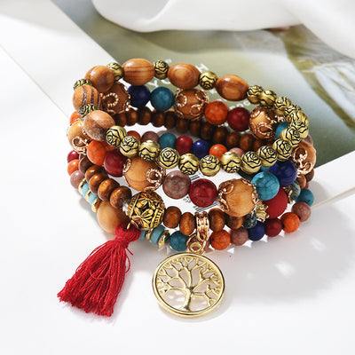 Wooden Handmade Life Tree Beaded Tassel Multi-layer Bracelet