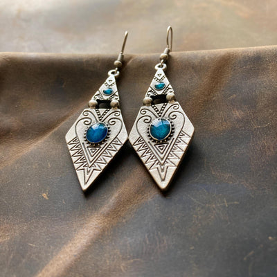 Vintage Boho Silver Dangle Earrings with Blue Enamel, Tribal Arrowhead Shape with Engraved Patterns
