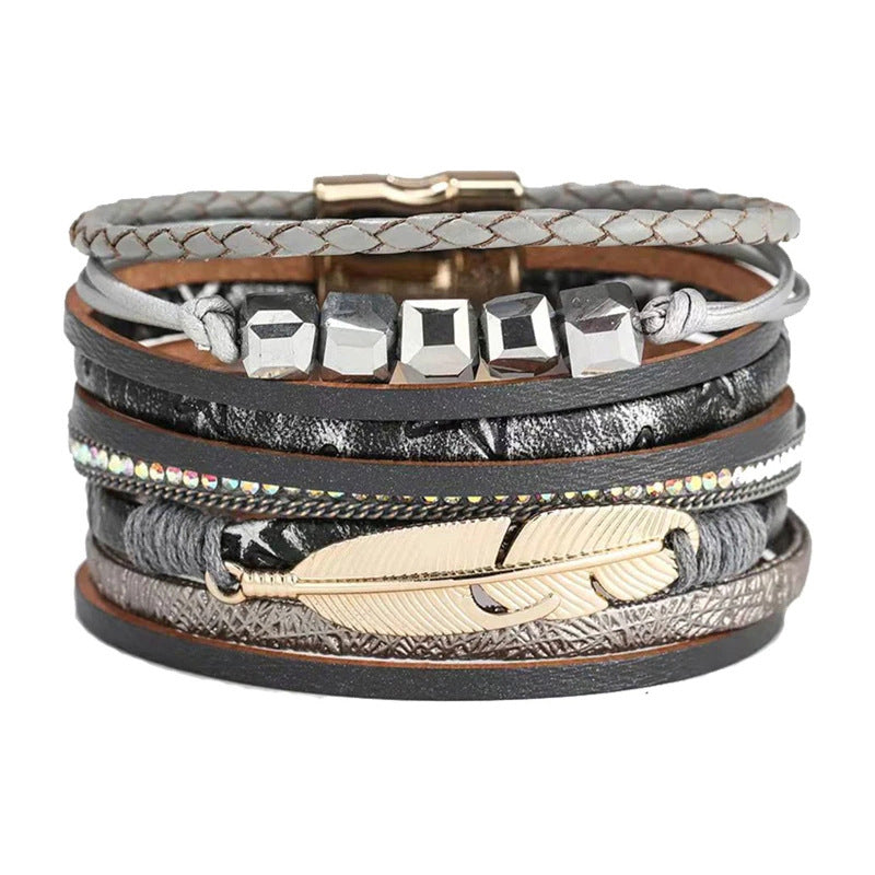 Square Crystal Bead String Leather Bracelet