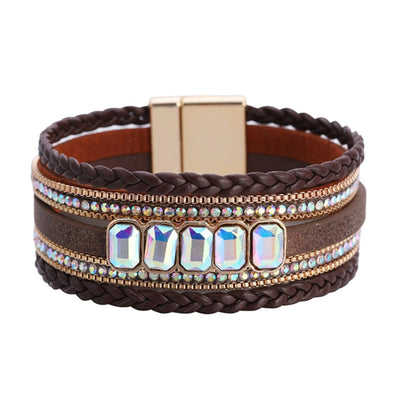 Colored Crystal Multi-layer Leather  Bracelet