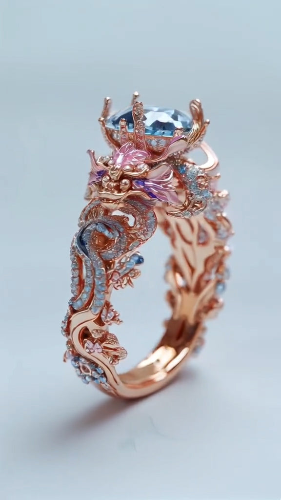 Exquisite Rose - Gold Dragon - themed Ring Embellished with Blue Gemstone and Diamonds
