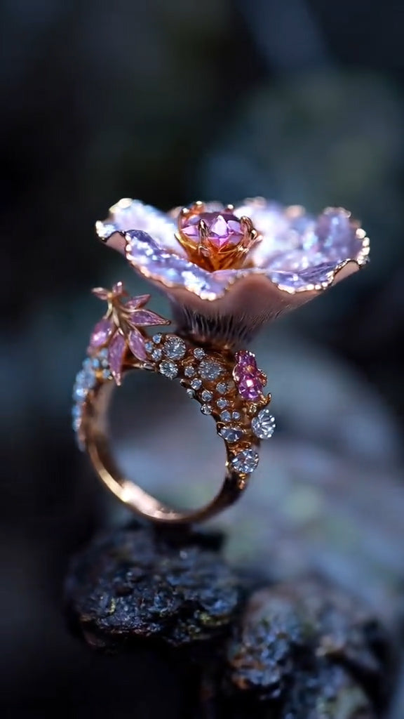 Enchanting Mushroom - Inspired Rose Gold Ring with Pink Sapphire and Diamond Accents