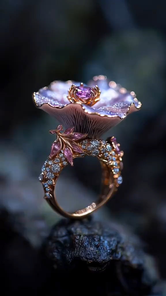 Enchanting Mushroom - Inspired Rose Gold Ring with Pink Sapphire and Diamond Accents