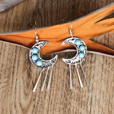 Boho Silvery Moon-Shaped Earrings with Synthetic Faux Gemstones and Tassel Pendant