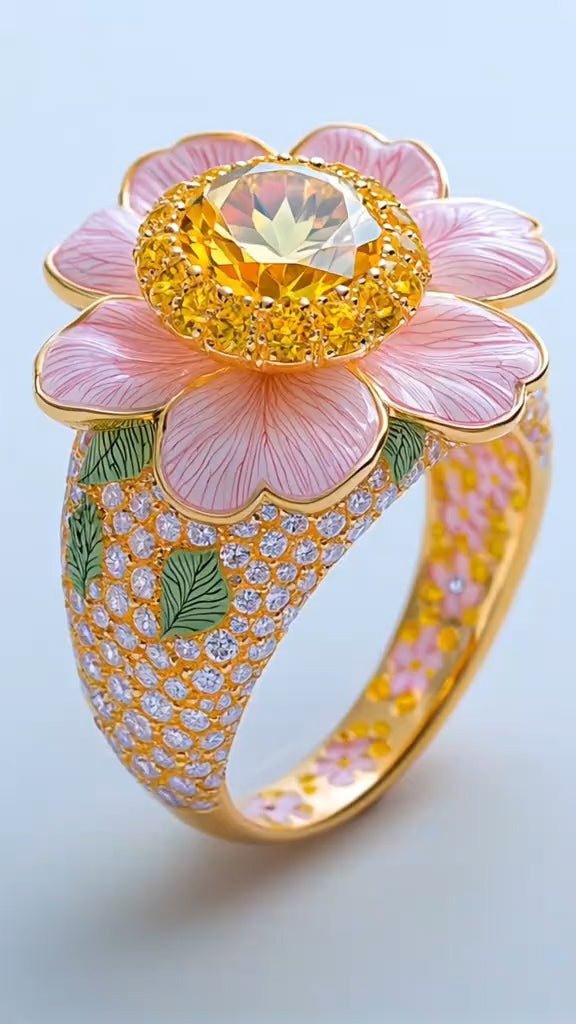 Enchanting Flower - shaped Gold Ring with a Dazzling Yellow Gemstone Centerpiece