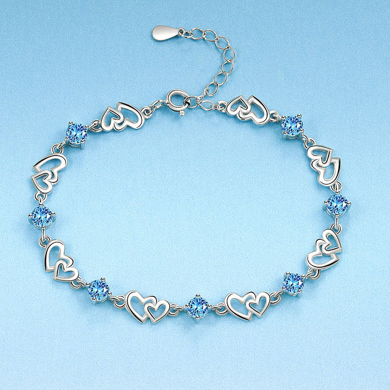 Double Heart Amethyst Copper Silver Plated Bracelet For Women