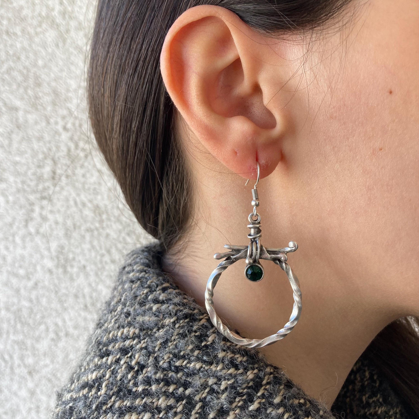 Vintage Boho Gothic Silver Twisted Hoop Statement Earrings with Dark Green Zircon