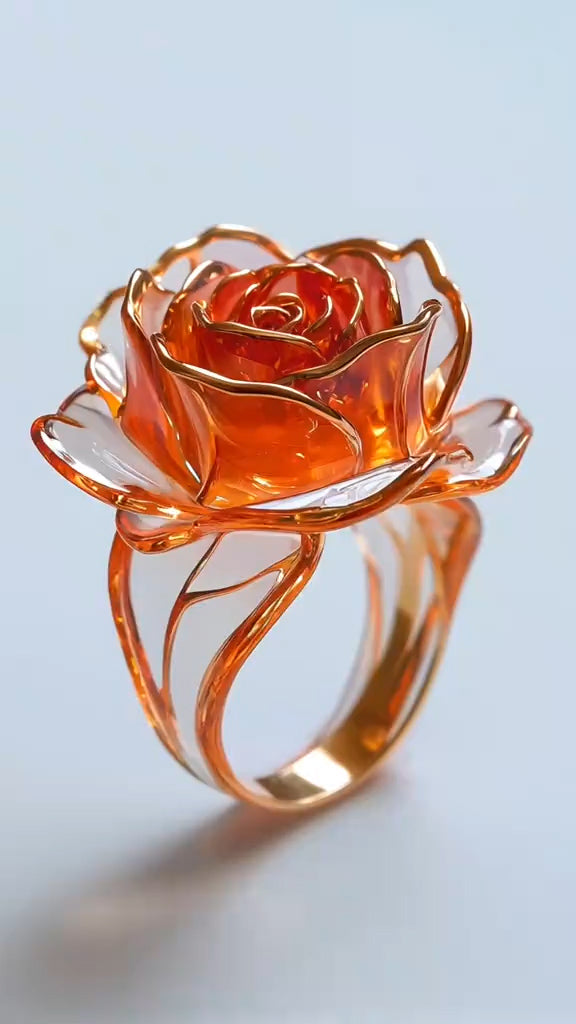 Stunning Gold - Plated Rose - Shaped Ring with Orange Enamel