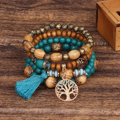 Wooden Handmade Life Tree Beaded Tassel Multi-layer Bracelet
