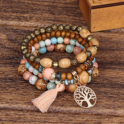 Wooden Handmade Life Tree Beaded Tassel Multi-layer Bracelet