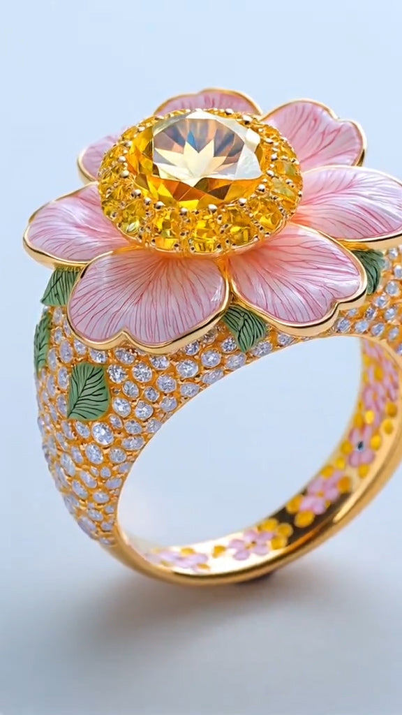 Enchanting Flower - shaped Gold Ring with a Dazzling Yellow Gemstone Centerpiece