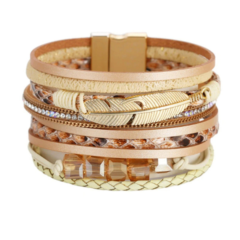 Square Crystal Bead String Leather Bracelet