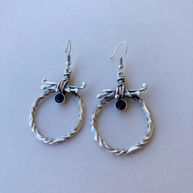 Vintage Boho Gothic Silver Twisted Hoop Statement Earrings with Dark Green Zircon