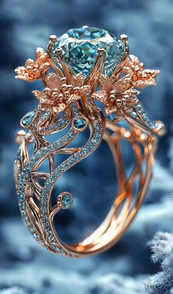 Enchanting Aquamarine Rose Gold Ring: Nature - Inspired Floral Design