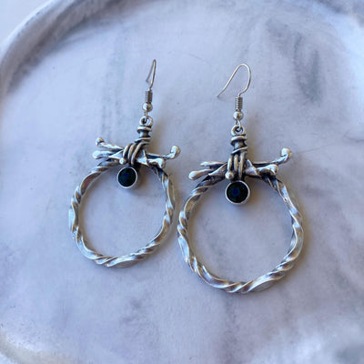 Vintage Boho Gothic Silver Twisted Hoop Statement Earrings with Dark Green Zircon