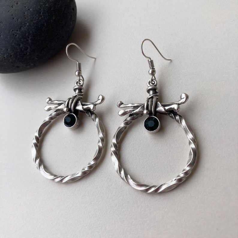 Vintage Boho Gothic Silver Twisted Hoop Statement Earrings with Dark Green Zircon