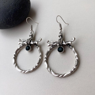 Vintage Boho Gothic Silver Twisted Hoop Statement Earrings with Dark Green Zircon