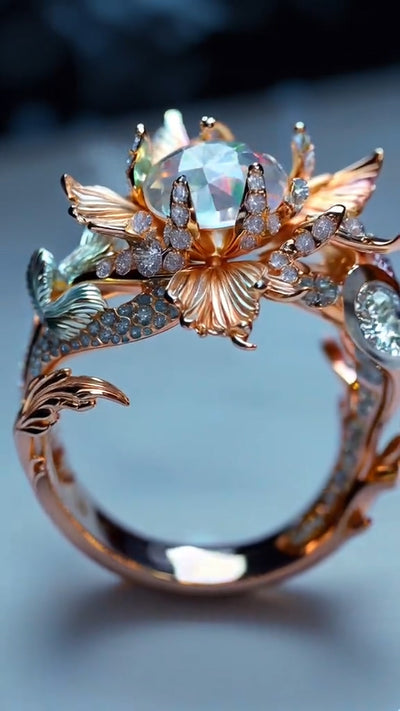 Enchanting Mermaid - Inspired Rose Gold Ring with Iridescent Gemstone and Sparkling Diamonds