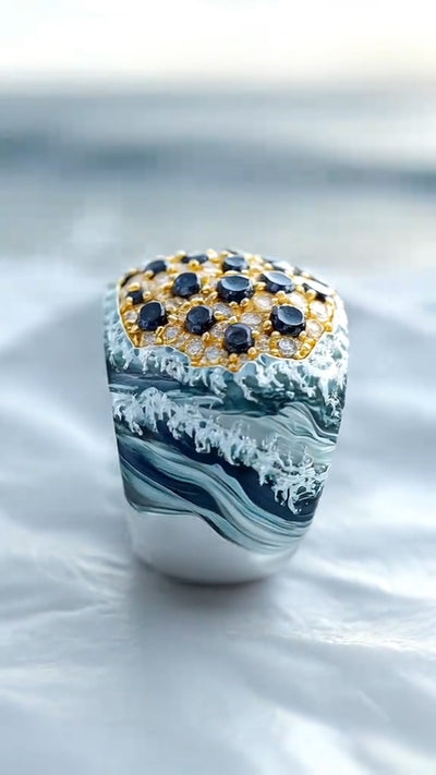 Spectacular Ocean - Inspired Silver Ring with Sapphire Embellishments