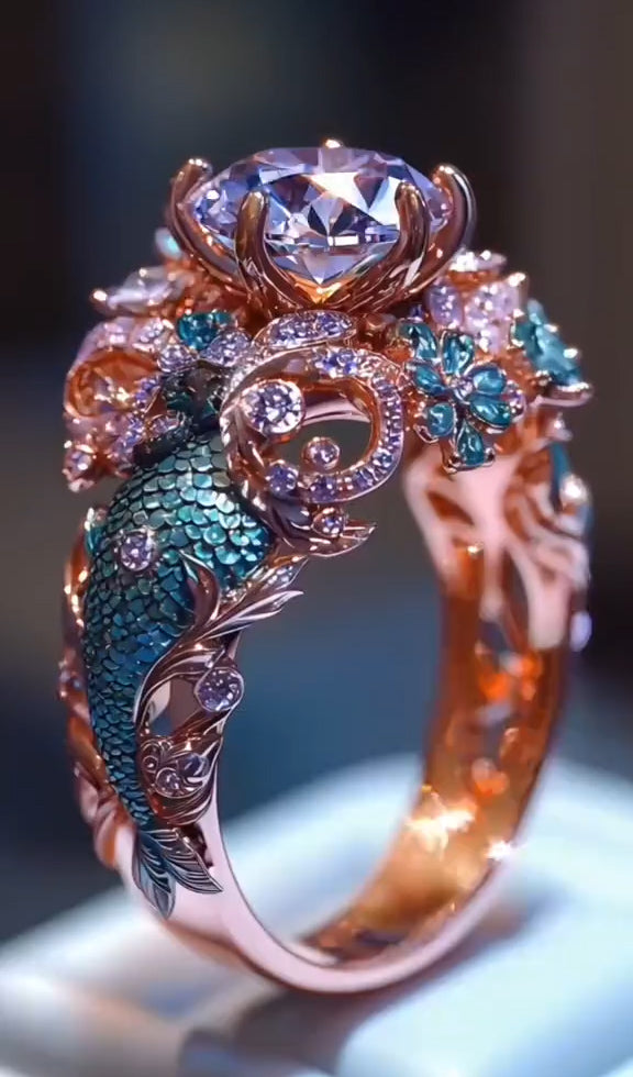 Exquisite Rose Gold Ring: Mermaid Motif Embellished with Gems