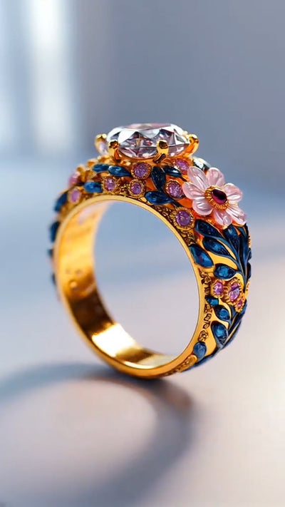 Gorgeous Gold - Plated Ring with Floral Enamel and Sparkling Gemstones