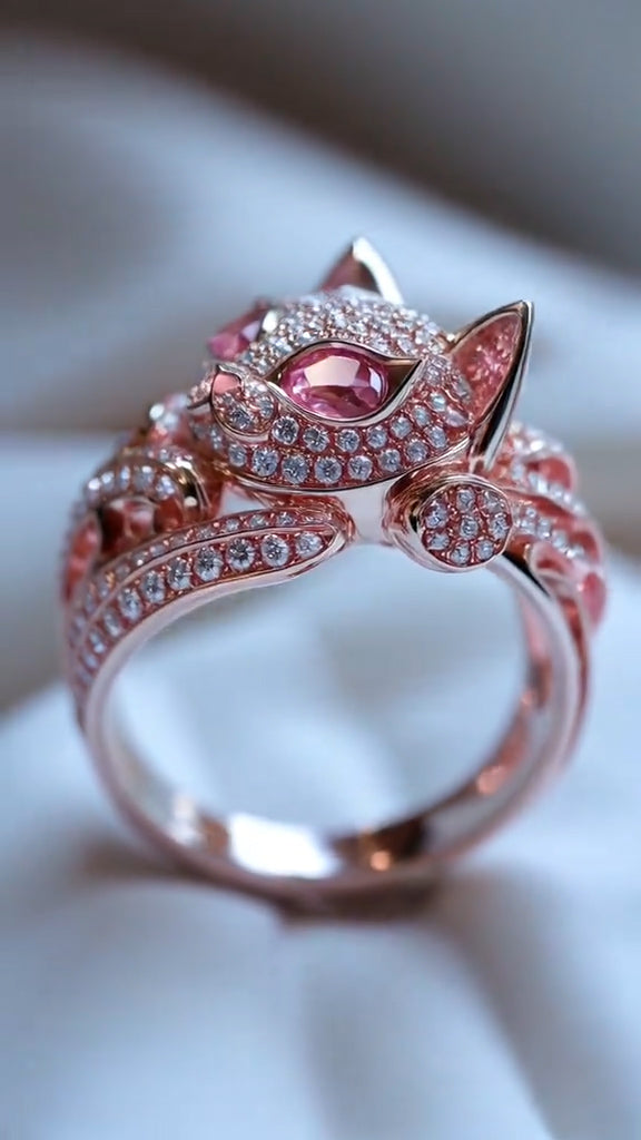 Charming Rose Gold Cat - Shaped Ring with Pink Gemstones and Diamonds