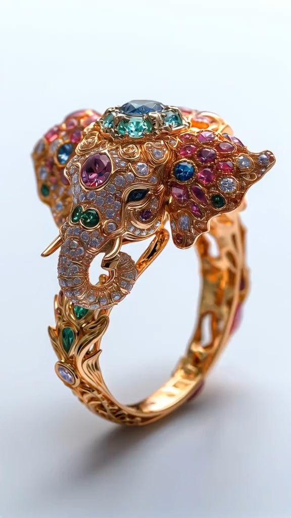 Exquisite Multicolored Gem - encrusted Elephant - shaped Gold Ring