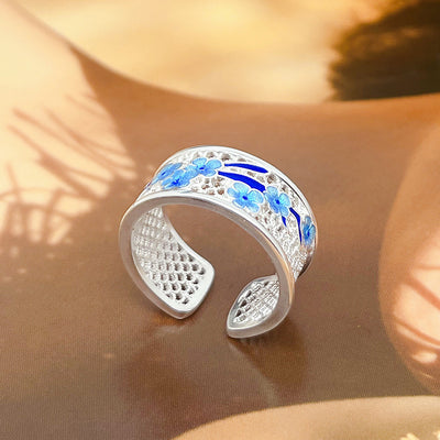 Enamel Hollow Blue Peach Blossom Ring