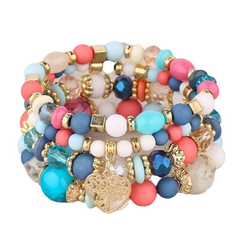 New Bohemian Ethnic Style Crystal Peach Heart Multi Layer Bracelet With Hollow Beads For Women