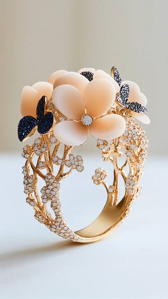 Gorgeous Gold - Plated Floral - Butterfly Bangle with Diamond Accents