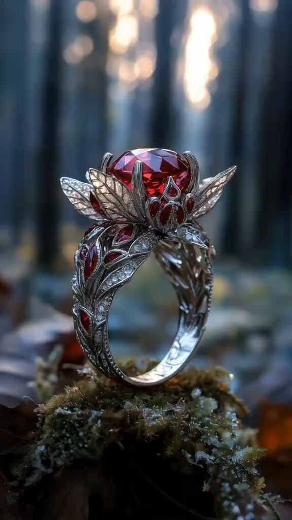 Enchanting Mystical Forest - Inspired Sterling Silver Ring with Ruby Centerpiece